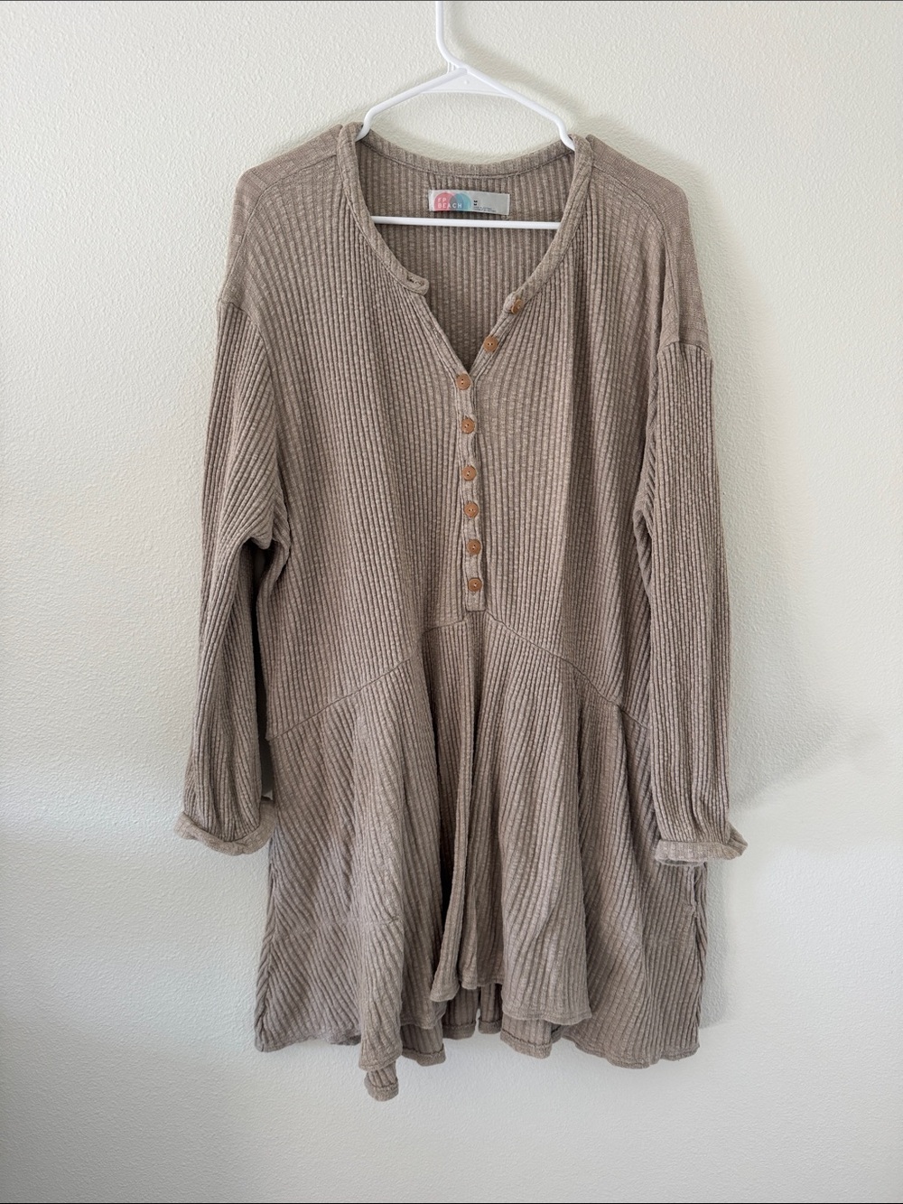 Free people Everyday Taupe Ribbed Button-Front Long Sleeve Dress